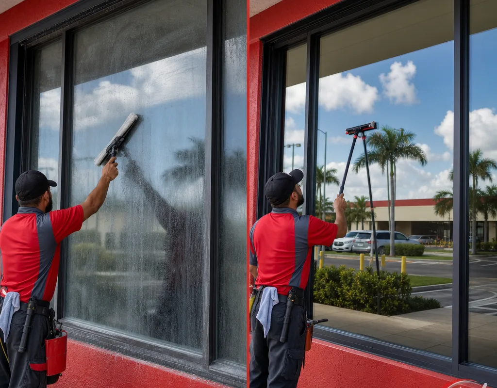 Before-and-after comparison of hazy and professionally cleaned Tampa storefront glass
