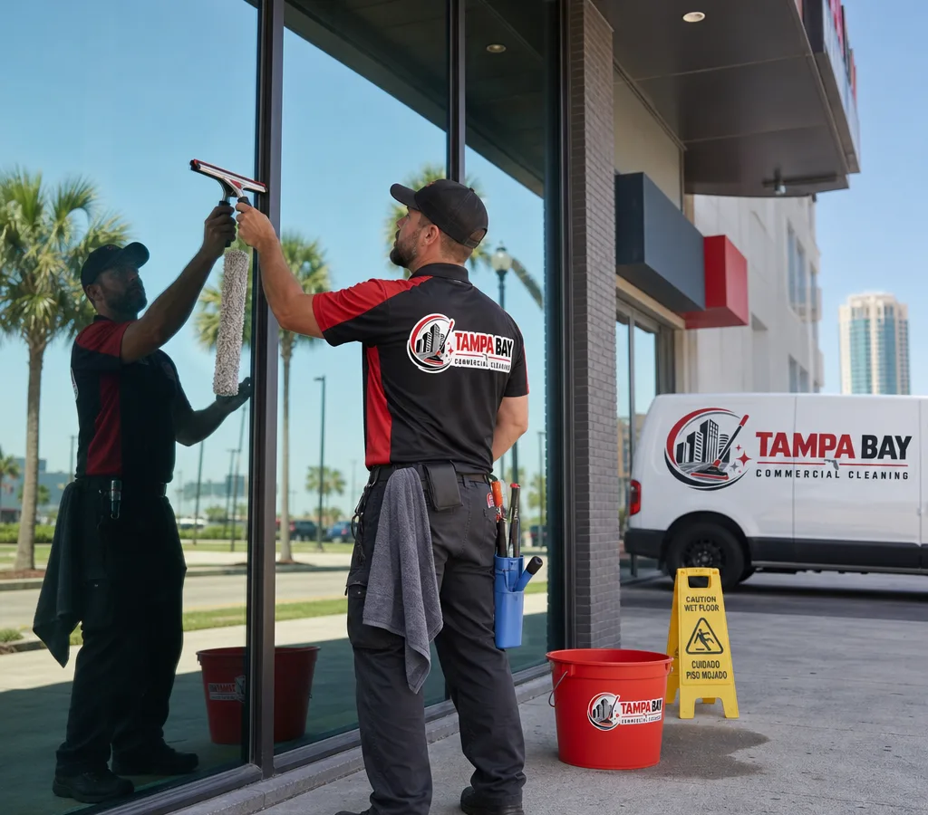 Professional window cleaner using a squeegee on ground-level Tampa storefront glass