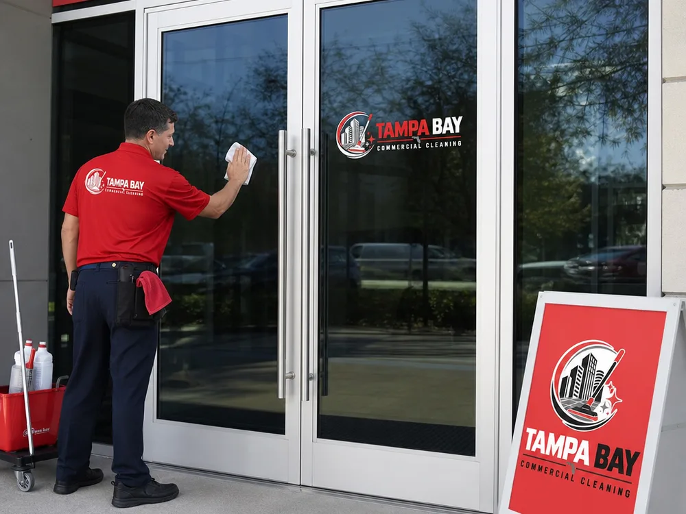 Commercial glass entry with clean doors, sidelites, handles, and surrounding area