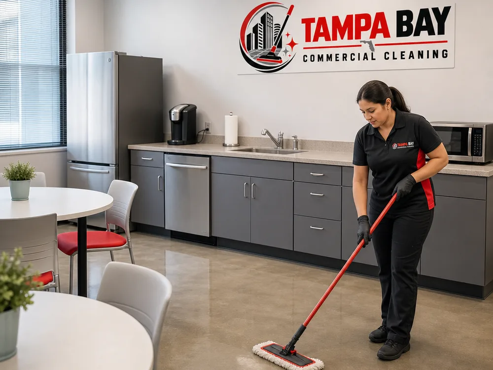 Clean and fully reset office breakroom with wiped counters, a clean sink, and freshly mopped floor