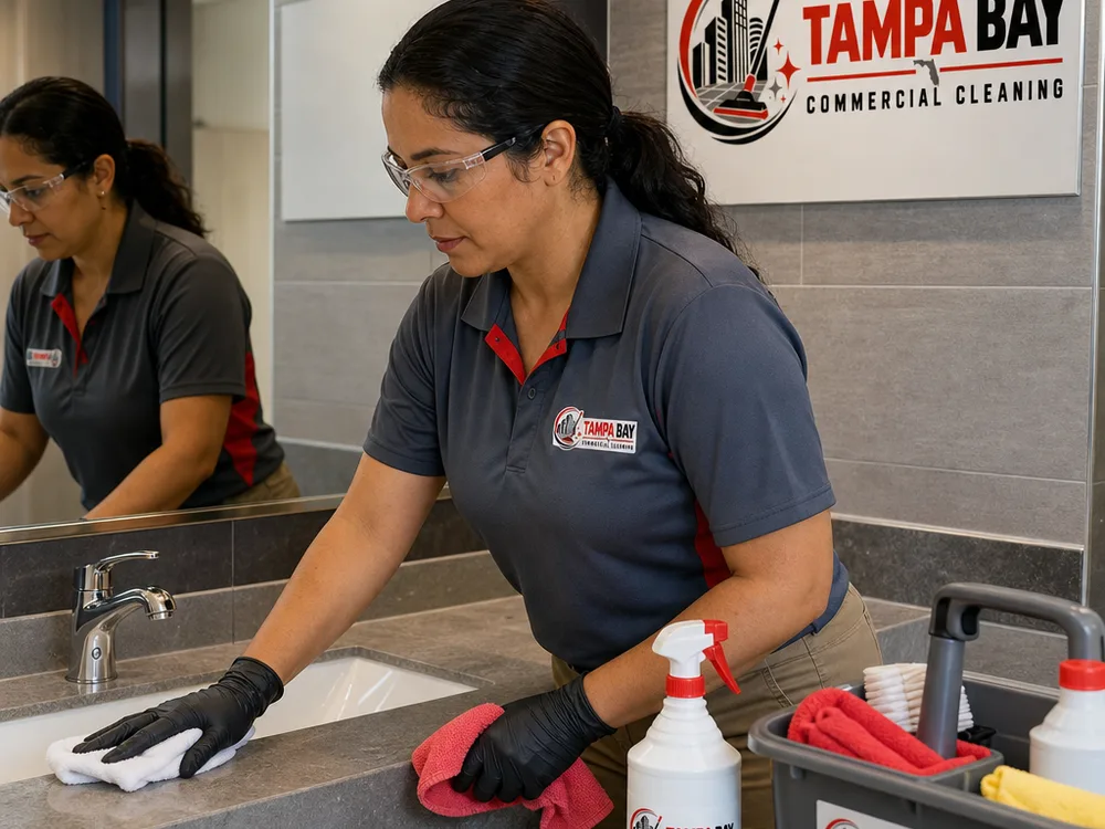Cleaner in protective equipment detailing empty commercial restroom sink and mirror fixtures