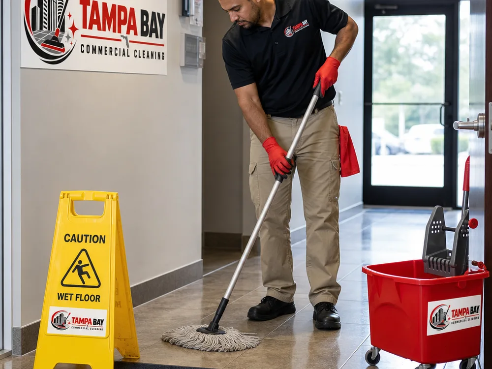 Cleaner mopping a hard-surface hallway inside a Tampa office suite entrance