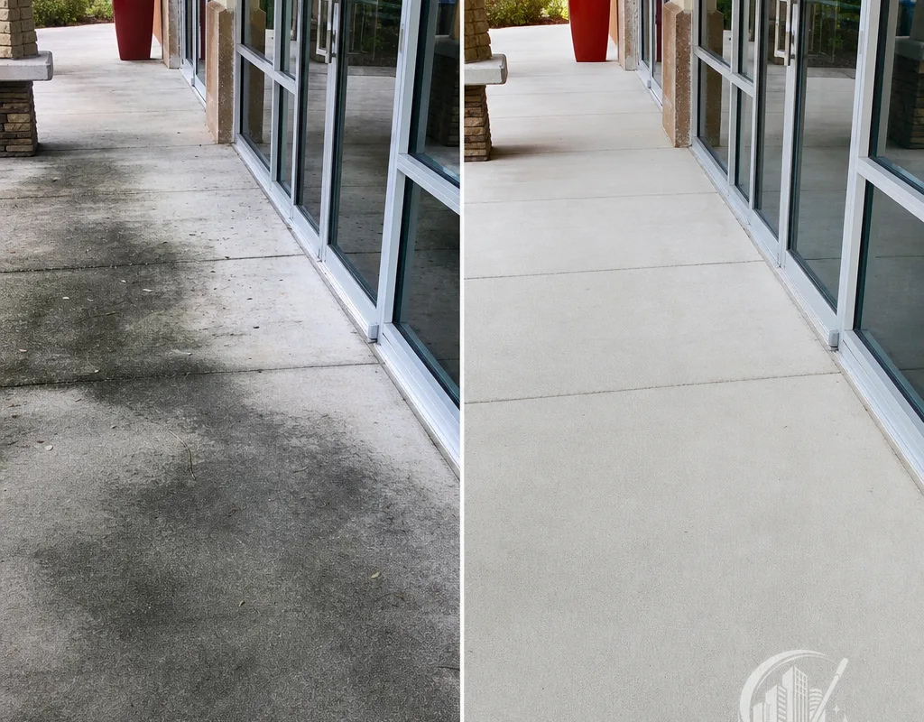 Before-and-after view of a Tampa retail storefront sidewalk with dark organic staining removed