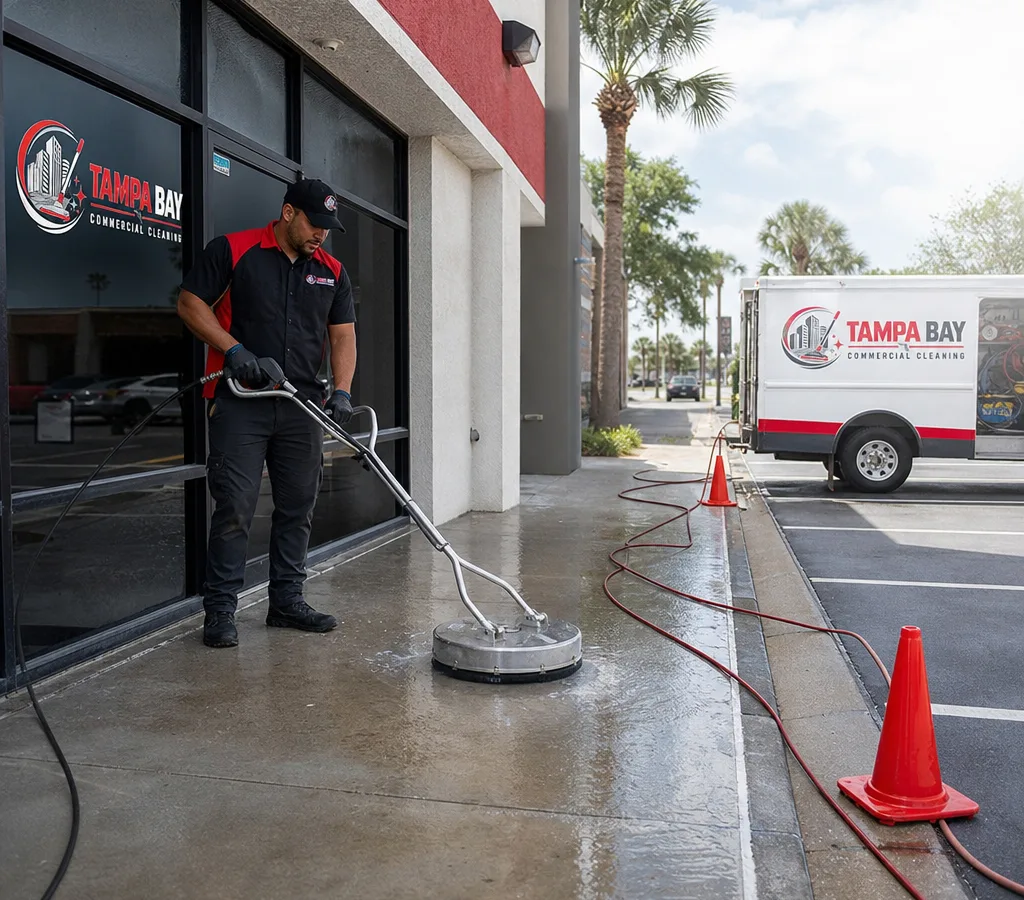 Technician pressure washing a commercial storefront sidewalk with a surface cleaner, safety cones, and managed hoses
