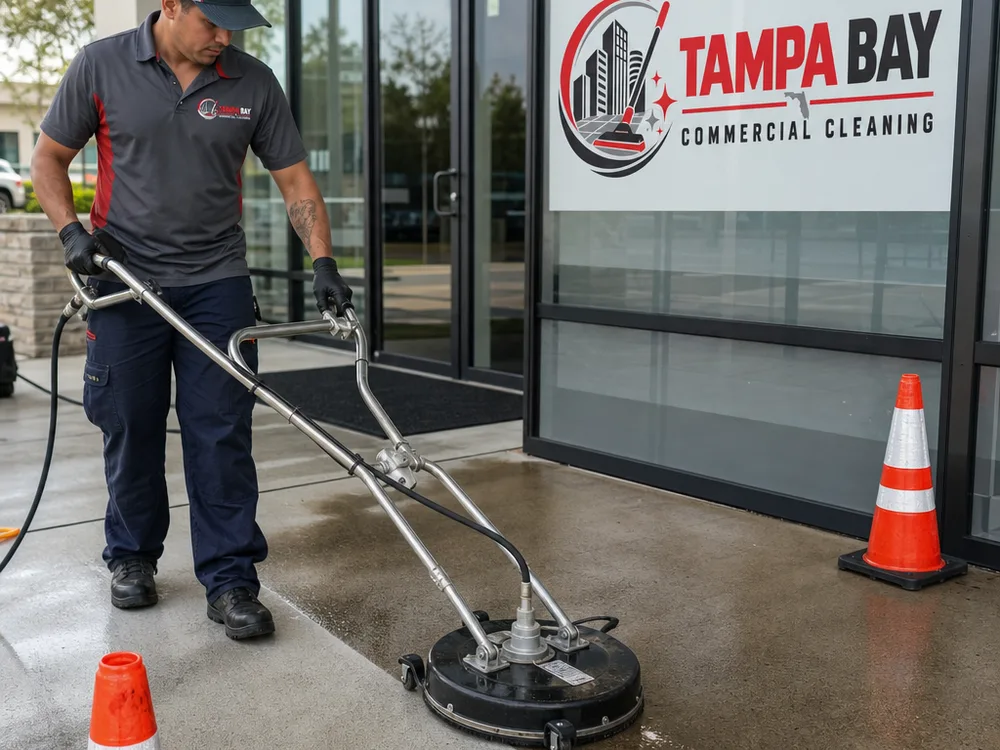 Surface cleaner washing commercial concrete beside a storefront entrance with visible clean contrast and safety cones