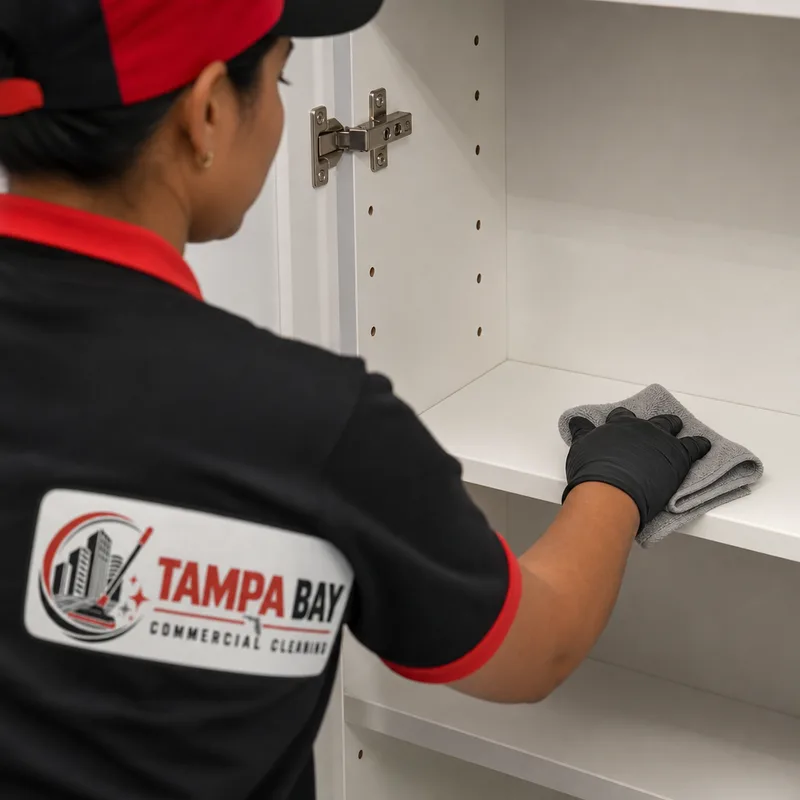 Microfiber wipe-down removing fine dust from newly installed cabinetry