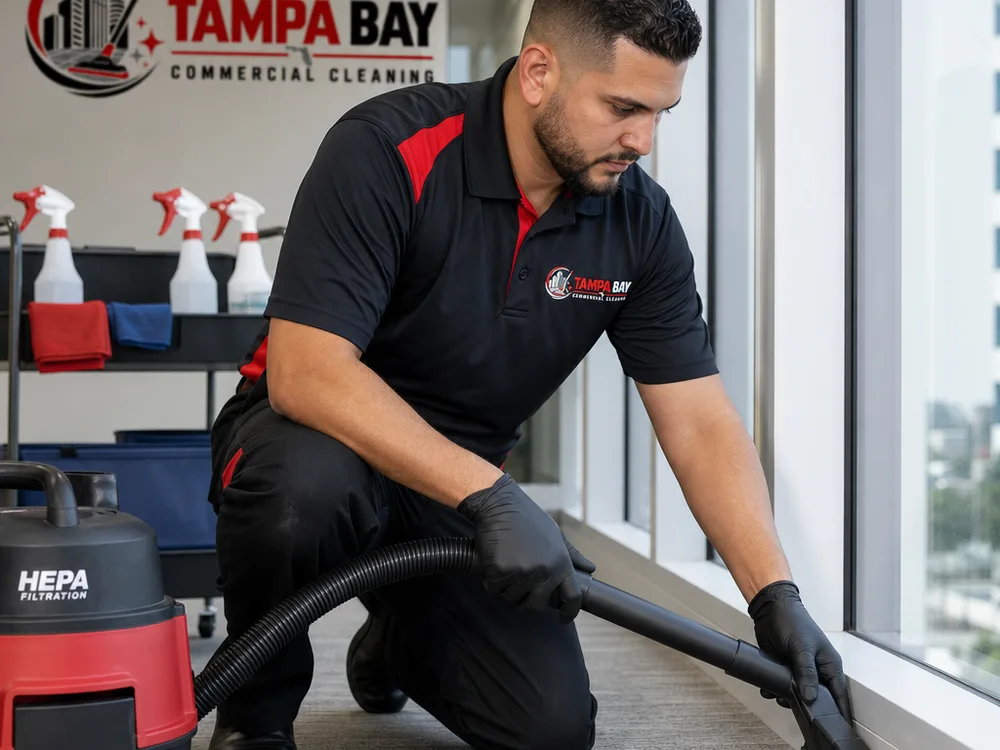 Cleaner using a HEPA vacuum along baseboards in a renovated Tampa office suite