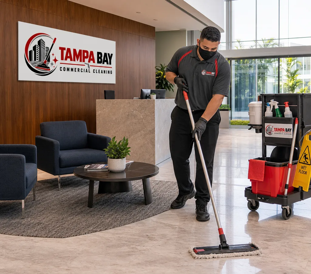 Professional janitorial team member cleaning and disinfecting a modern office lobby with PPE and a janitorial cart