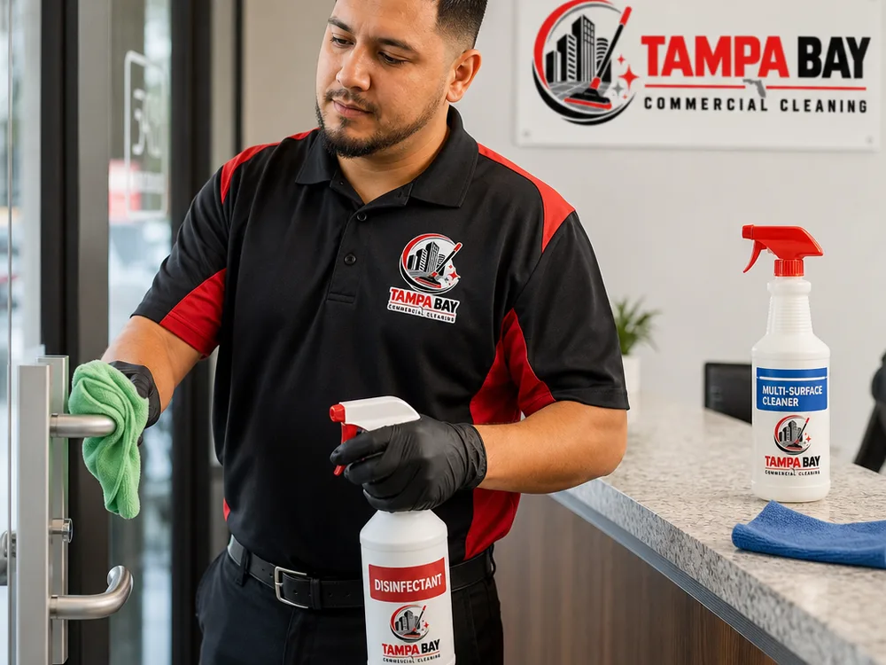 Cleaner disinfecting high-touch door hardware and reception surfaces with labeled spray bottles and microfiber cloths