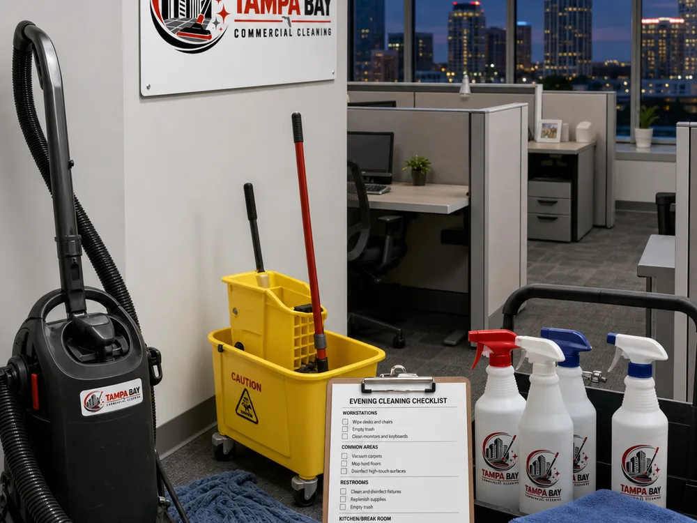 Tidy commercial office break room with clean counters, appliance exteriors, and swept hard floors
